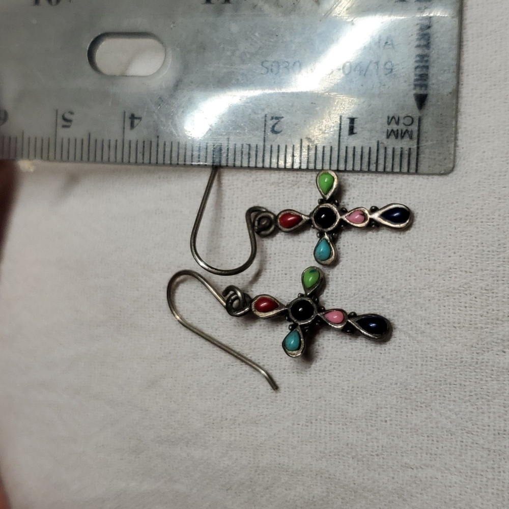 Marked 925 Sterling Silver Semi Precious Stone Cross Earrings